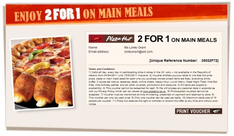 Pizza Hut Voucher: 2 For 1 Eat In