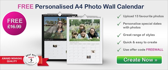 Personalised Photo Calendar &pound;3.99 @ Photobox