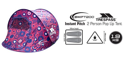 Trespass Swift Pattern 200 Two Person Pop Up Tent &pound;42.99 @ Play.com