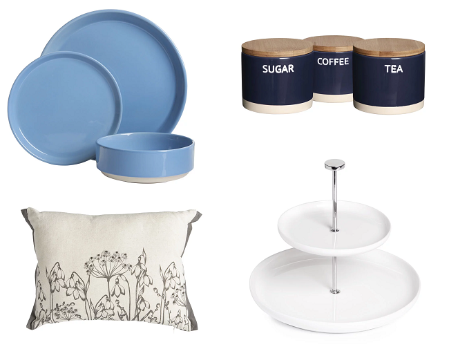 Wilko 12 Piece Dining Set Dipped Blue, Wilko Kitchen Canister Set, Wilko Winter Floral Cushion, Wilko Cake Stand