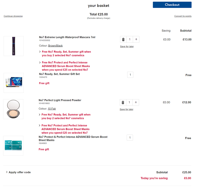 Free gift offer stack at Boots