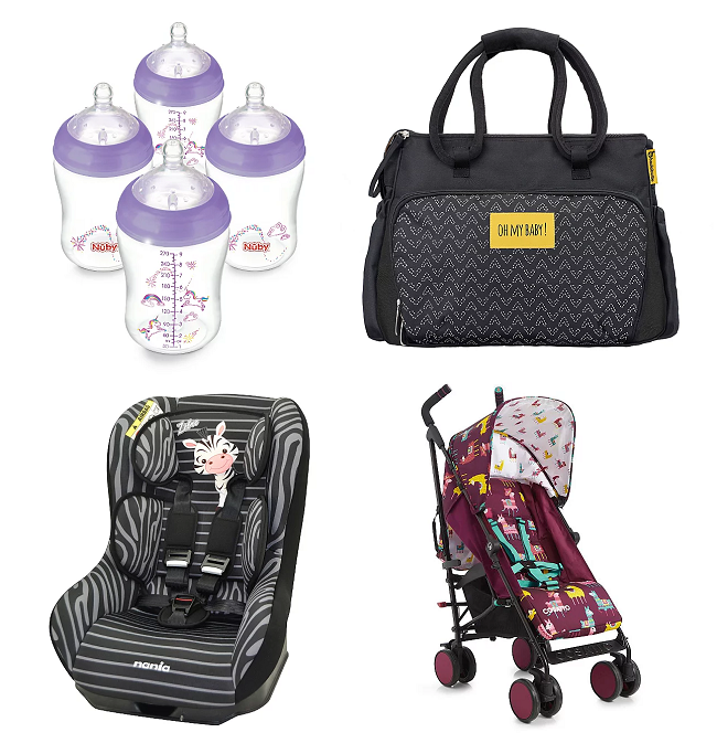 Nuby bottles, Cosatto Supa Stroller, car seat, baby changing bag