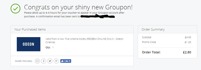 GLITCH! Misprice! Get 5 Odeon Cinema Tickets From £2.80 @ Gr0upOn