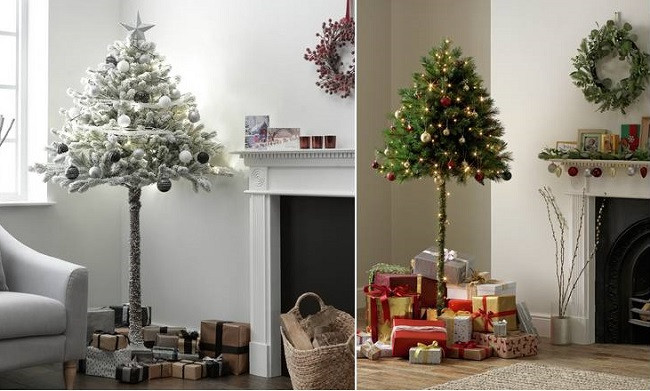Snowy and green half Christmas trees