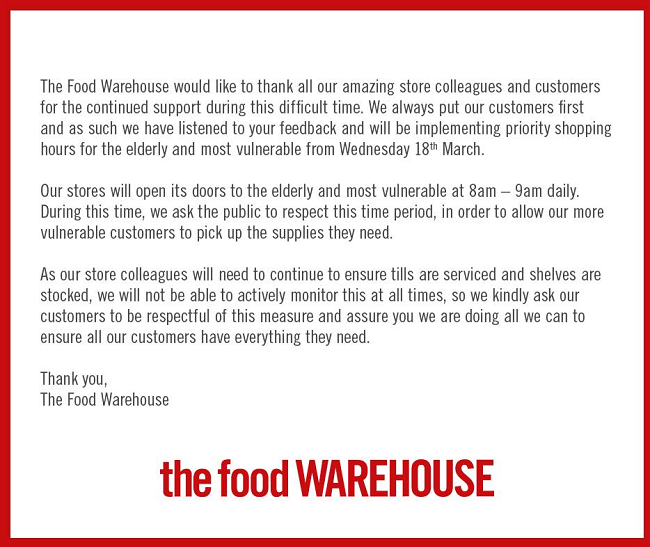 Food Warehouse statement