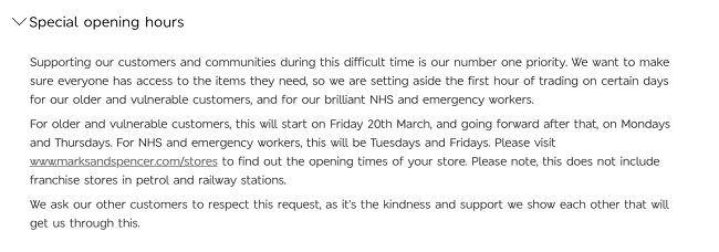 Marks and Spencer special opening hours during Coronavirus outbreak