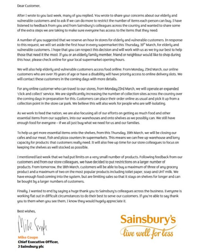 Sainsbury's Letter about shopping restrictions