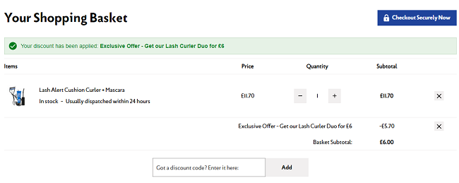 Lash Alert Cushion Curler + Mascara £6 Deal Eyeko London checkout screenshot