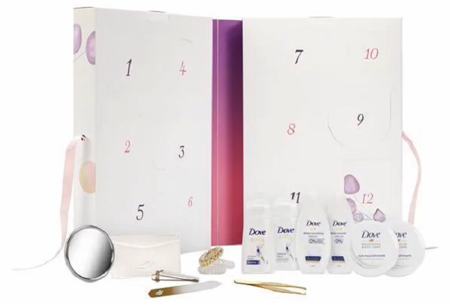 Dove Advent Calendar with contents on display