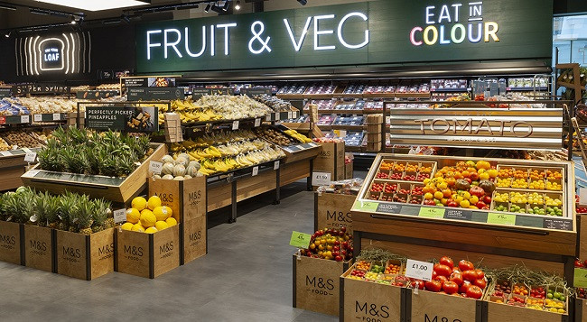 inside M&S foodhall with fruit and vegetables on display