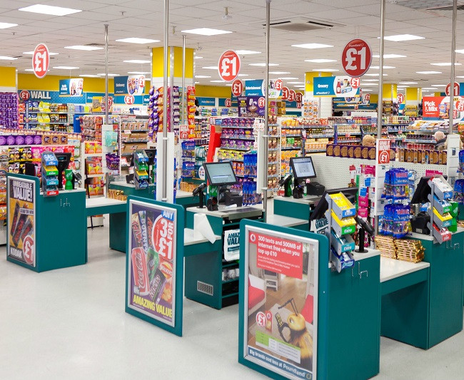 Inside Poundland store with view of checkouts
