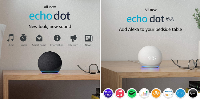 Amazon Echo Dot 4th Gen and Echo Dot 4th Gen with clock