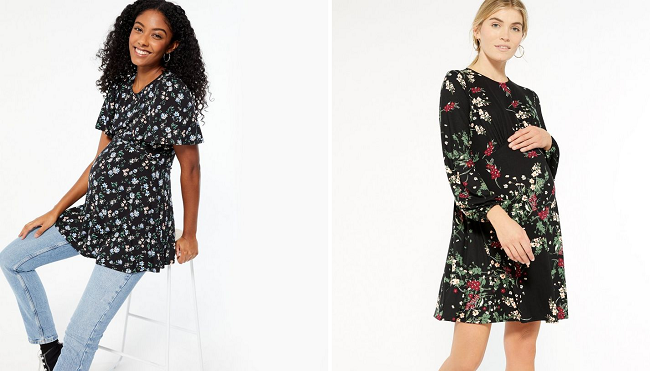 Maternity Black Floral Tie Back Top and Maternity Black Floral Mini Dress, both from New Look