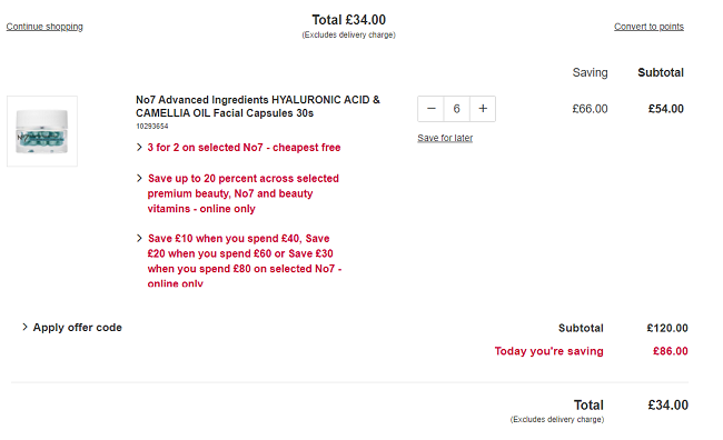 6 No7 Advanced Ingredients Hyaluronic Acid & Camellia Oil Facial Capsules checkout screenshot