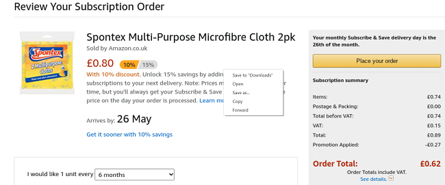 Screenshot of online basket showing Spontex Multi-Purpose Microfibre Cloth 2pk 62p at Amazon