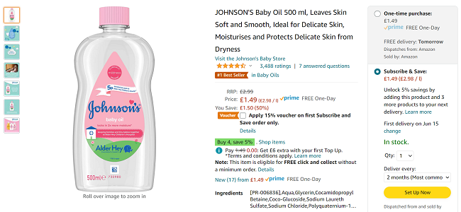 Screenshot of Johnson's Baby Oil 500ml offer at Amazon