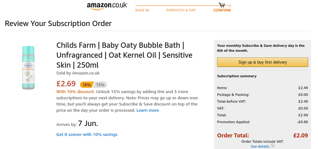 Screenshot of Child's Farm Baby Oaty Bubble Bath for £2.09 at Amazon
