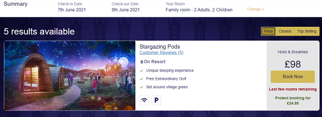 Alton Towers Stargazing Pods Booking Screen