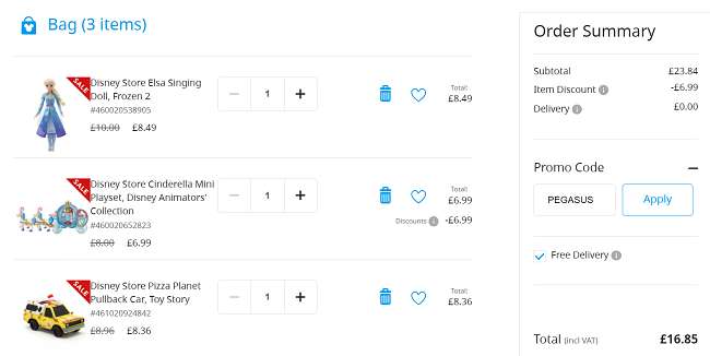 Screenshot showing online shopping basket 3 for 2 sale items at Shop Disney