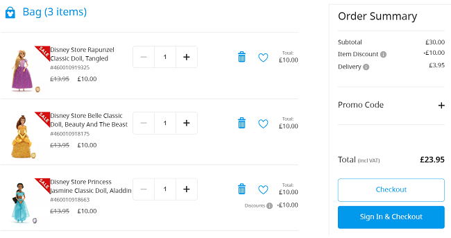 Screenshot of online shopping basket showing Disney Classic Dolls 3 for £20 at Shop Disney