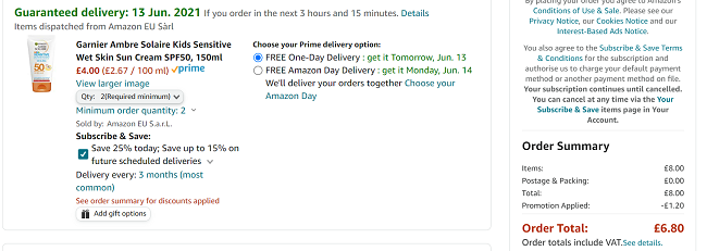 Screenshot of online shopping basket showing Garnier Ambre Solaire Sun Cream for £3.40