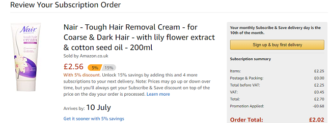 Nair Tough Hair Removal Cream (Coarse & Dark Hair) 200ml £2.02 @ Amazon