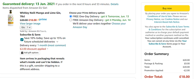 Screenshot showing Whitley Neill Mango and Lime Gin for £18 at Amazon