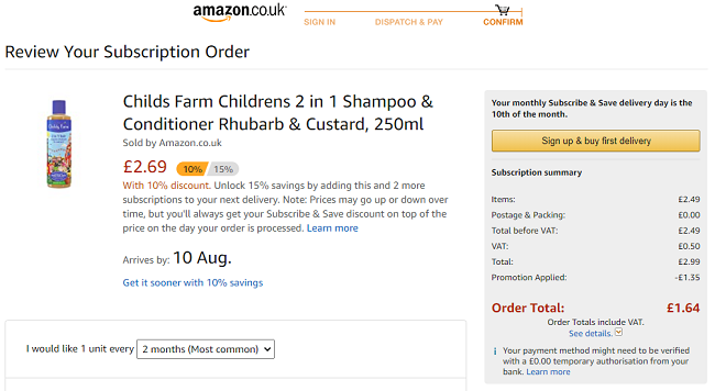 Childs Farm Children's 2in1 Shampoo & Conditioner Rhubarb & Custard £1.64 @ Amazon 