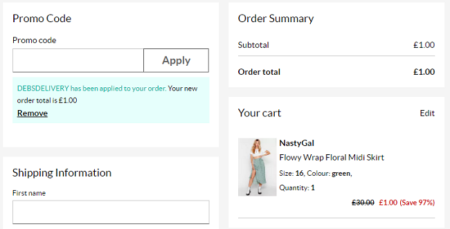 NastyGal Flowy Wrap Floral Midi Skirt £1 Delivered (With Code) @ Debenhams