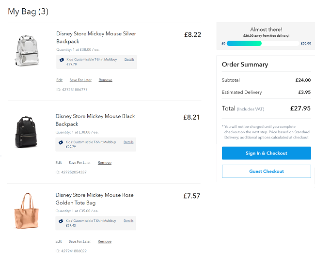 Screenshot of Disney bags in online checkout