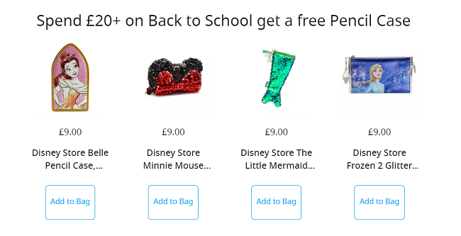 Screenshot showing free pencil case when you spend £20 on Back To School at Shop Disney