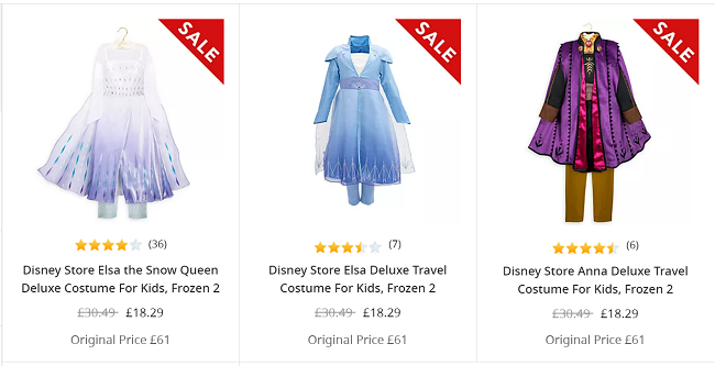 Screenshot of Deluxe Frozen Costumes in the sale at Shop Disney