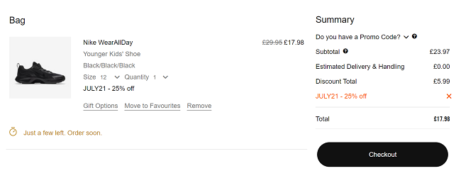 Basket screenshot showing Nike WearAllDay Younger Kids Shoe £17.98