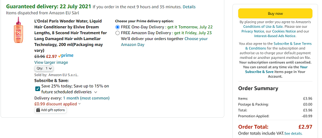 Screenshot showing L'Oréal Paris Wonder Water for £2.97 at Amazon