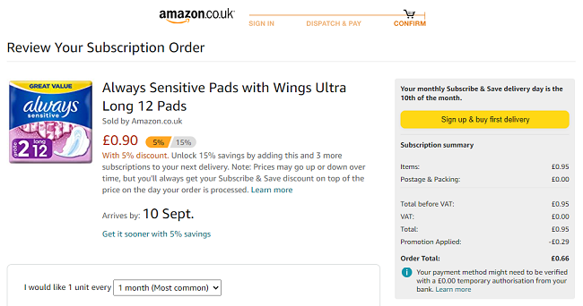 Always Sensitive Pads with Wings Ultra Long 12 Pads 66p @ Amazon
