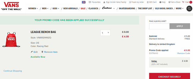 Screenshot showing Vans Bench Bag for £4.50