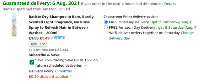Screenshot showing Batiste Dry Shampoo in Bare £1.49 at Amazon