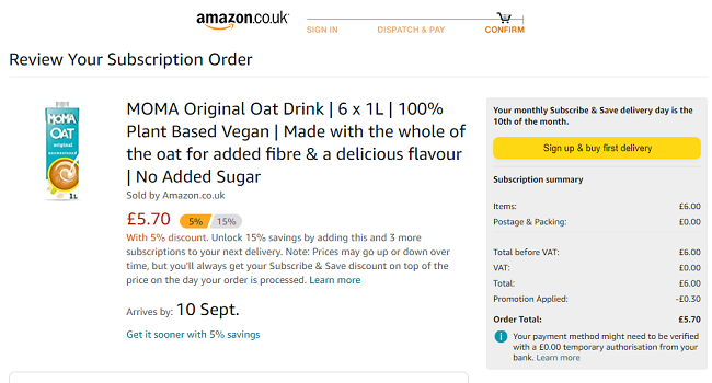6 X 1 Litre Cartons Of MOMA Original Oat Drink £5.70 @ Amazon