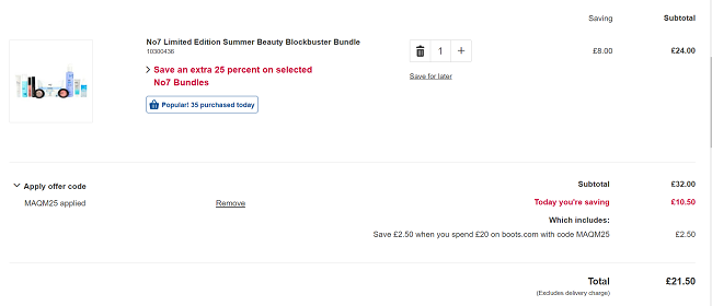 Screenshot showing No7 Summer Beauty Blockbuster Bundle for £21.50