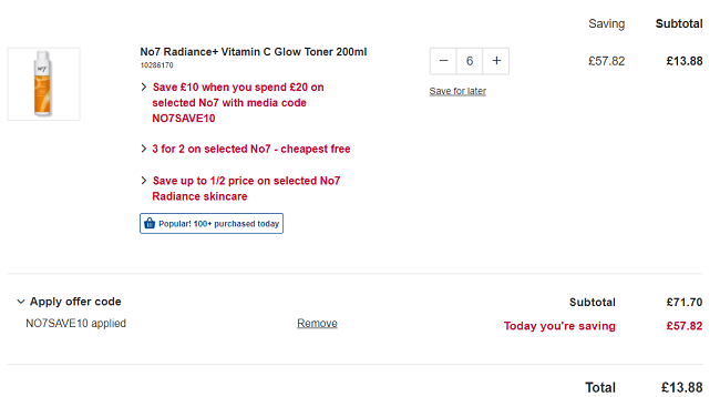SIX No7 Radiance+ Vitamin C Glow Toner 200ml £13.88 @ Boots