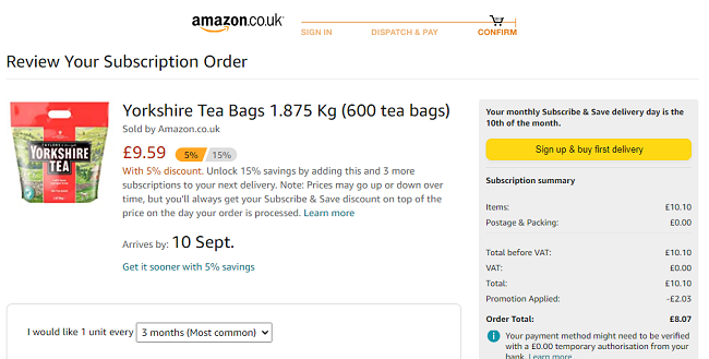 Yorkshire Tea Bags 1.875 Kg (600 tea bags) £8.07 @ Amazon
