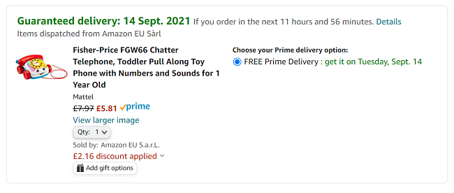 Screenshot showing Fisher-Price Chatter Telephone for £5.81 with voucher at Amazon