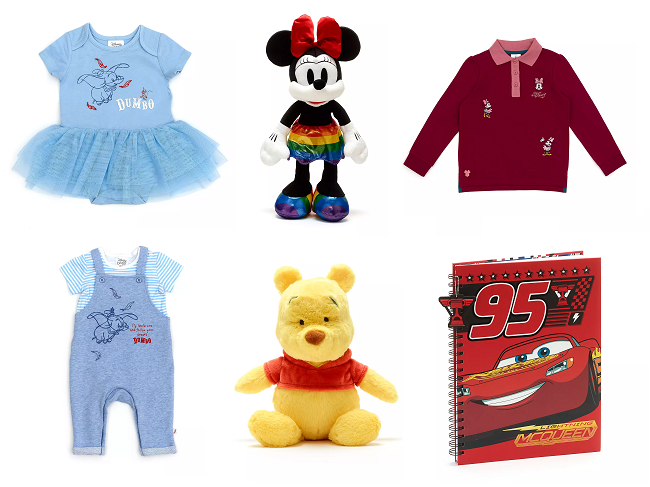 Shop Disney Dumbo clothing, Minnie and Pooh soft toys, Cars notebook, Minnie top.