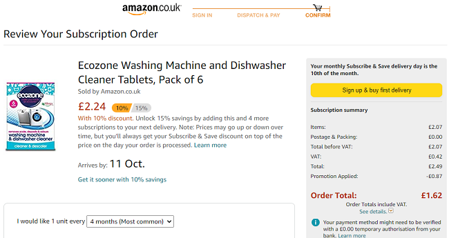 Ecozone Washing Machine and Dishwasher Cleaner Tablets, Pack of 6 £1.62 @ Amazon