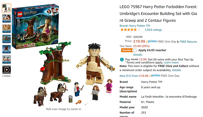 Screenshot showing LEGO Harry Potter Forbidden Forest for £15.96 with voucher at Amazon