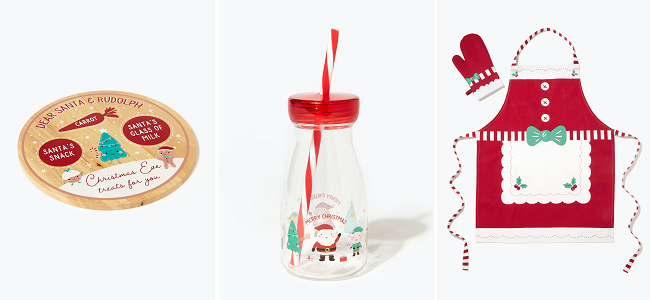 Christmas Eve Board, Kids Milk Bottle and Mrs Claus Apron Set, all from Matalan