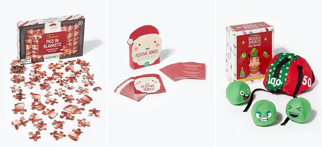 Pigs In Blankets Puzzle, Christmas Jokes Set and Brussels Sprouts Head Toss Game, all from Matalan