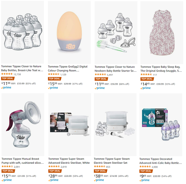 Screenshot of reduced Tommee Tippee baby items at Amazon