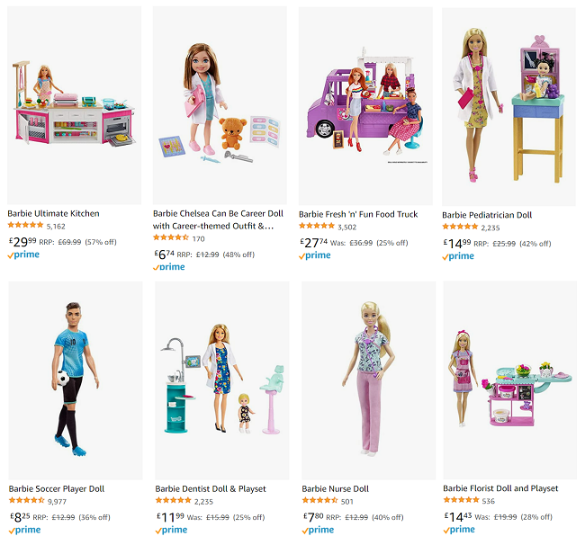 Screenshot of reduced Barbies items at Amazon