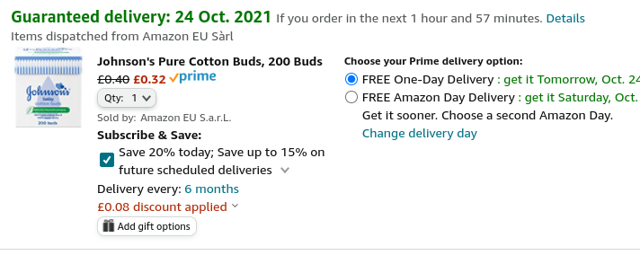 200 Johnson's Pure Cotton Buds from 32p @ Amazon